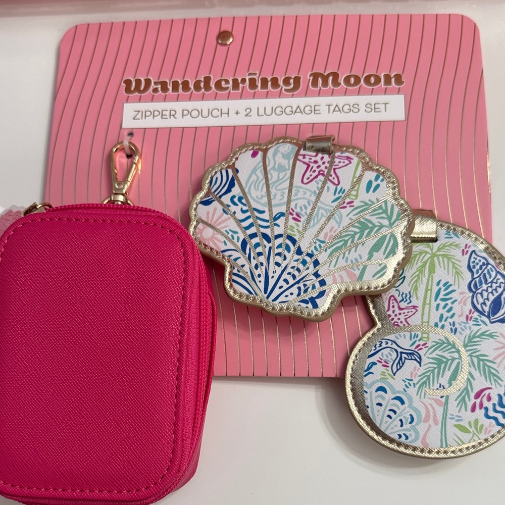 Wandering Moon Pink Pouch and Shell Luggage Tags Set